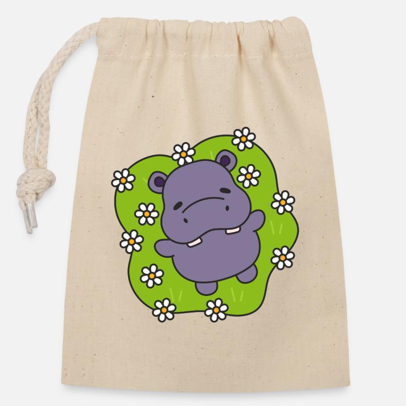 Hippo violet sur gazon fleuri - Sac cadeau en coton avec cordon (14 x 20 cm) - nature