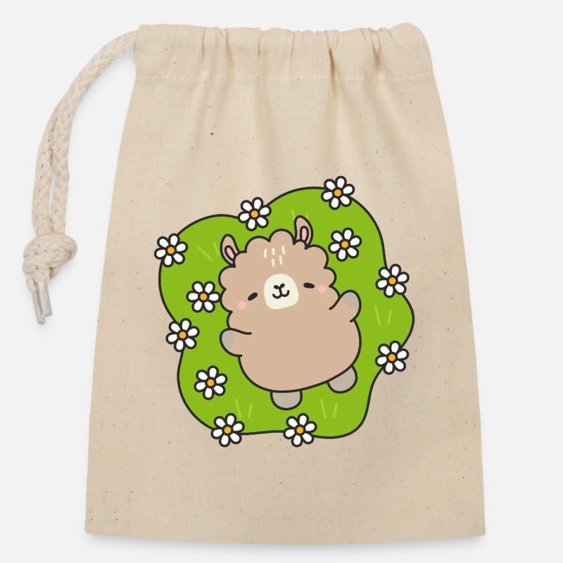 Ourson Joyeux au Jardin Fleuri - Sac cadeau en coton avec cordon (14 x 20 cm) - nature
