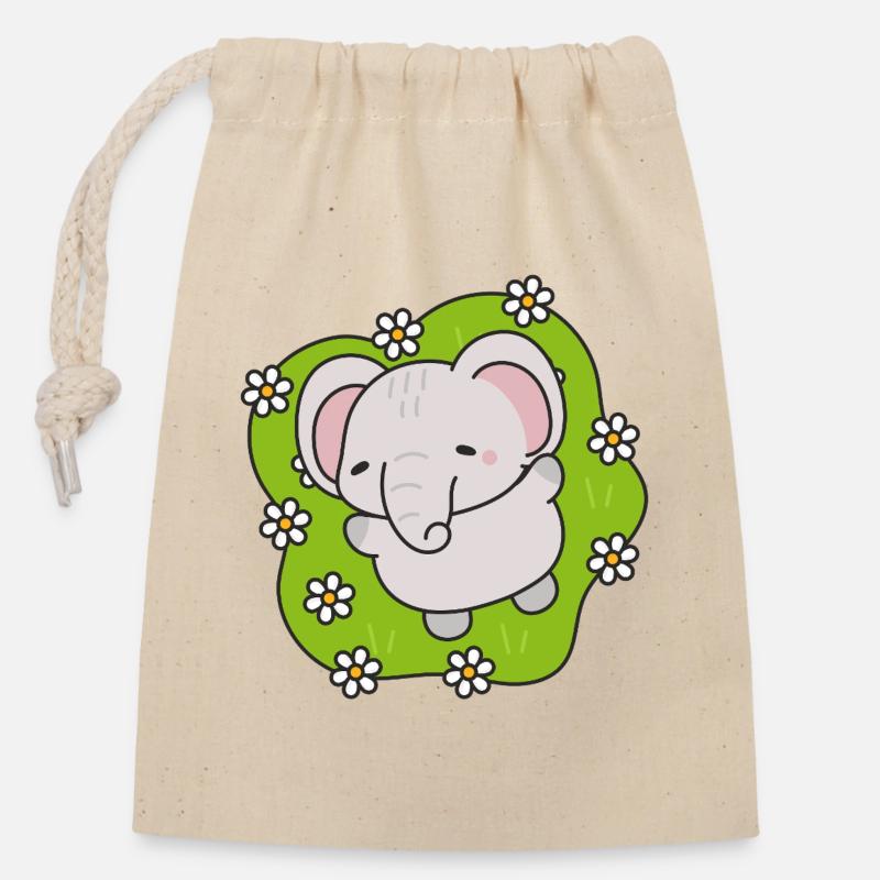 Éléphant Mignon aux Fleurs - Sac cadeau en coton avec cordon (14 x 20 cm) - nature