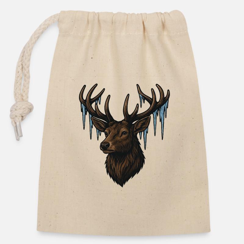 Tête de cerf glacé - Sac cadeau en coton avec cordon (14 x 20 cm) - nature