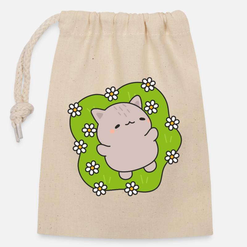 Chat mignon danse parmi des fleurs - Sac cadeau en coton avec cordon (14 x 20 cm) - nature