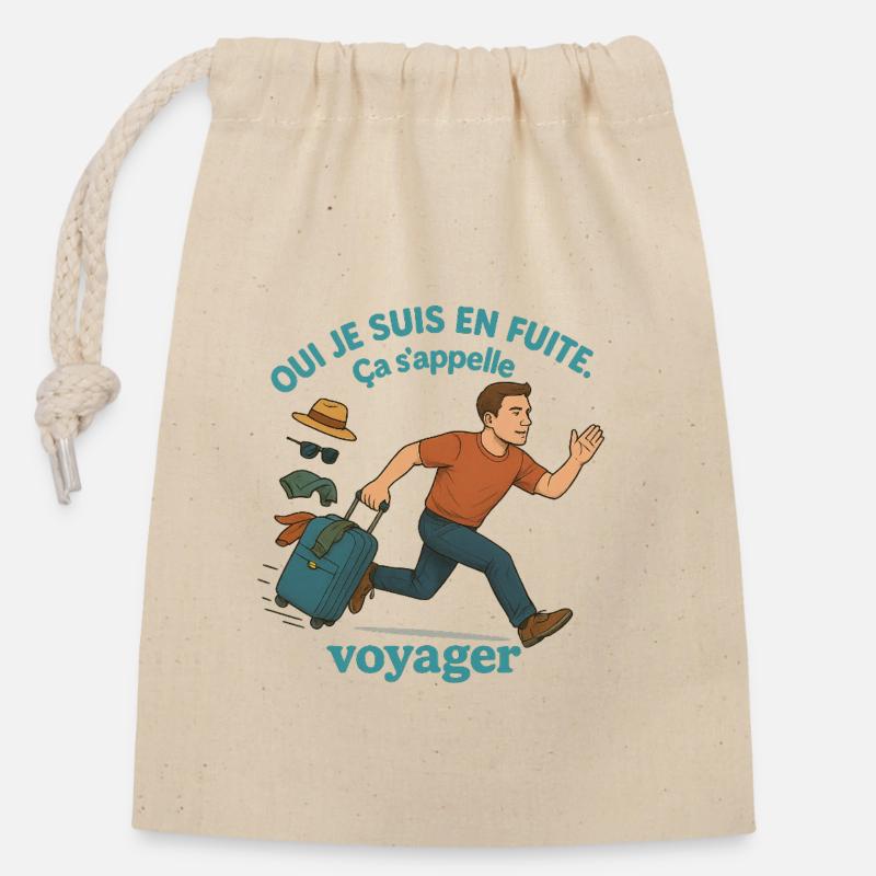 Fuite vers le voyage - Sac cadeau en coton avec cordon (14 x 20 cm) - nature