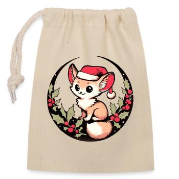Kawaii Fuchs im Stechpalmenkreis Weihnachtsmütze - Verschließbarer Geschenkbeutel aus Baumwolle (14x20cm) - Natur - Vorne