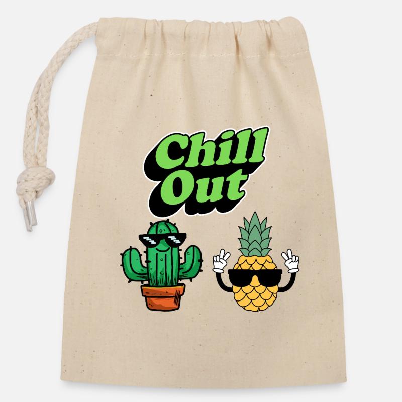Chill Out Kaktus und Ananas - Verschließbarer Geschenkbeutel aus Baumwolle (14x20cm) - Natur