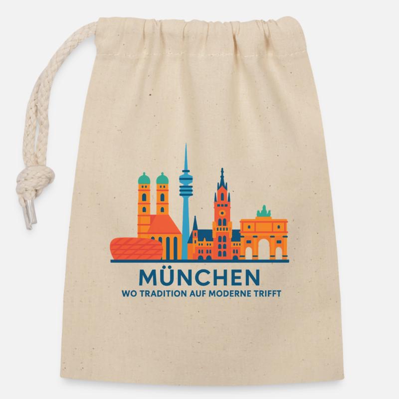 München Skyline: Tradition trifft Moderne - Verschließbarer Geschenkbeutel aus Baumwolle (14x20cm) - Natur
