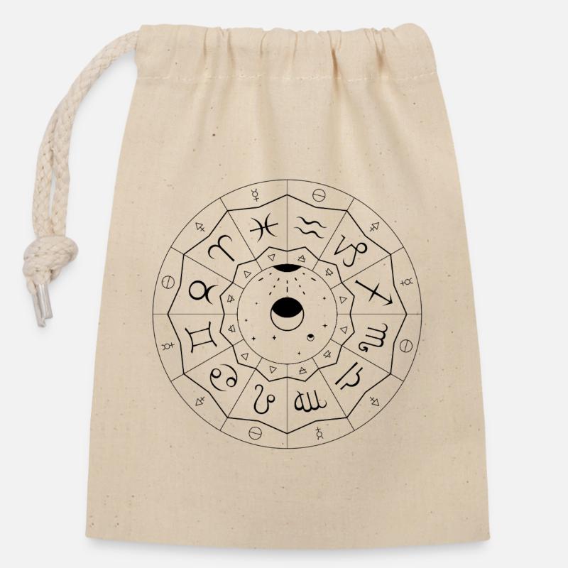 Mandala du Zodiaque - Éléments et Modalités (noir) - Sac cadeau en coton avec cordon (14 x 20 cm) - nature