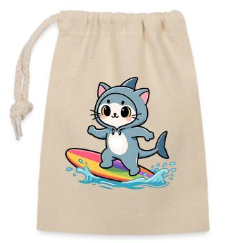 Haikatze auf Regenbogen-Surfbrett - Verschließbarer Geschenkbeutel aus Baumwolle (14x20cm) - Natur - Vorne