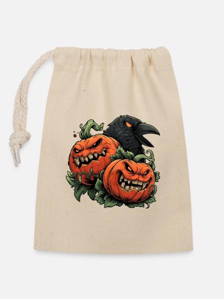 Pumpkin Duo and Crow Night - Closable cotton gift bag (14x20cm) - nature