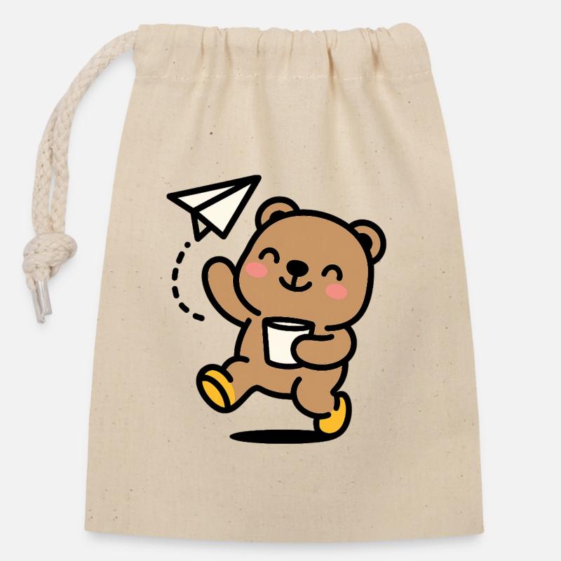 Glücklicher Teddybär mit Papierflieger - Verschließbarer Geschenkbeutel aus Baumwolle (14x20cm) - Natur
