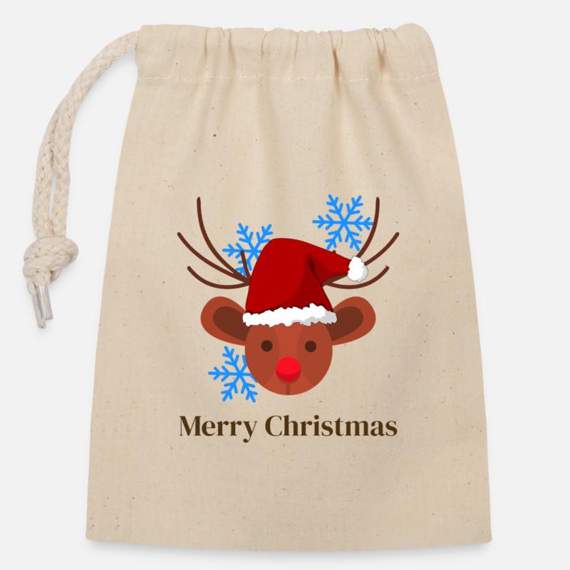 Rudolph mit Santa Hut und Schneeflocken - Verschließbarer Geschenkbeutel aus Baumwolle (14x20cm) - Natur