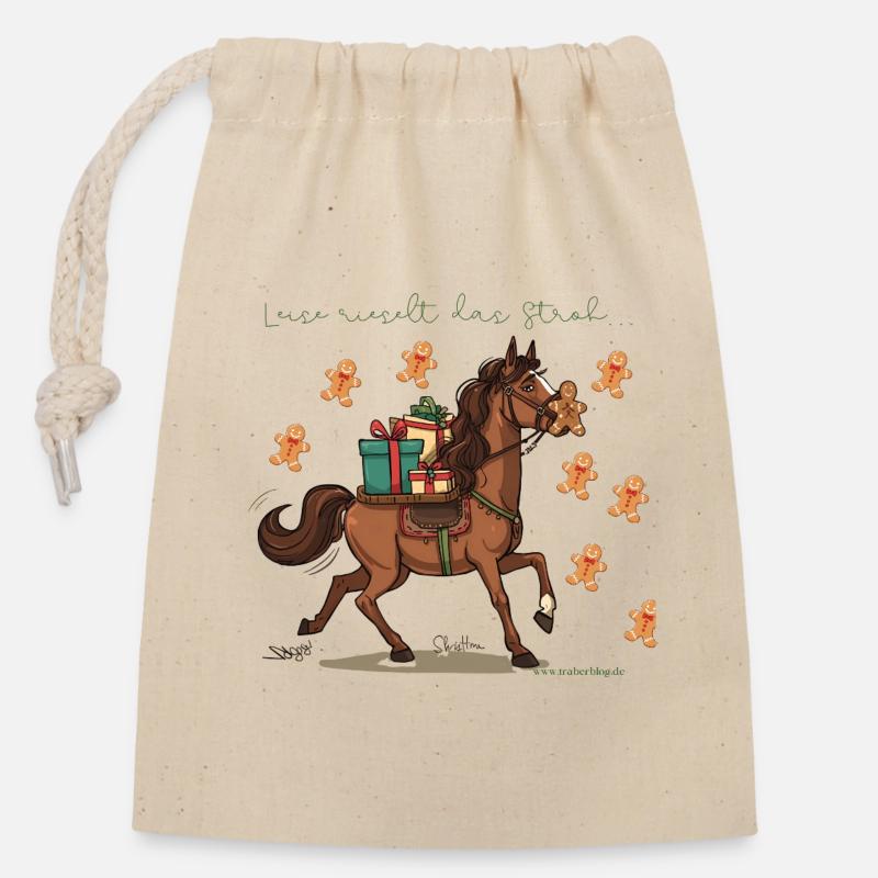 Cheval de Noël avec Cadeaux Trotter - - Sac cadeau en coton avec cordon (14 x 20 cm) - nature
