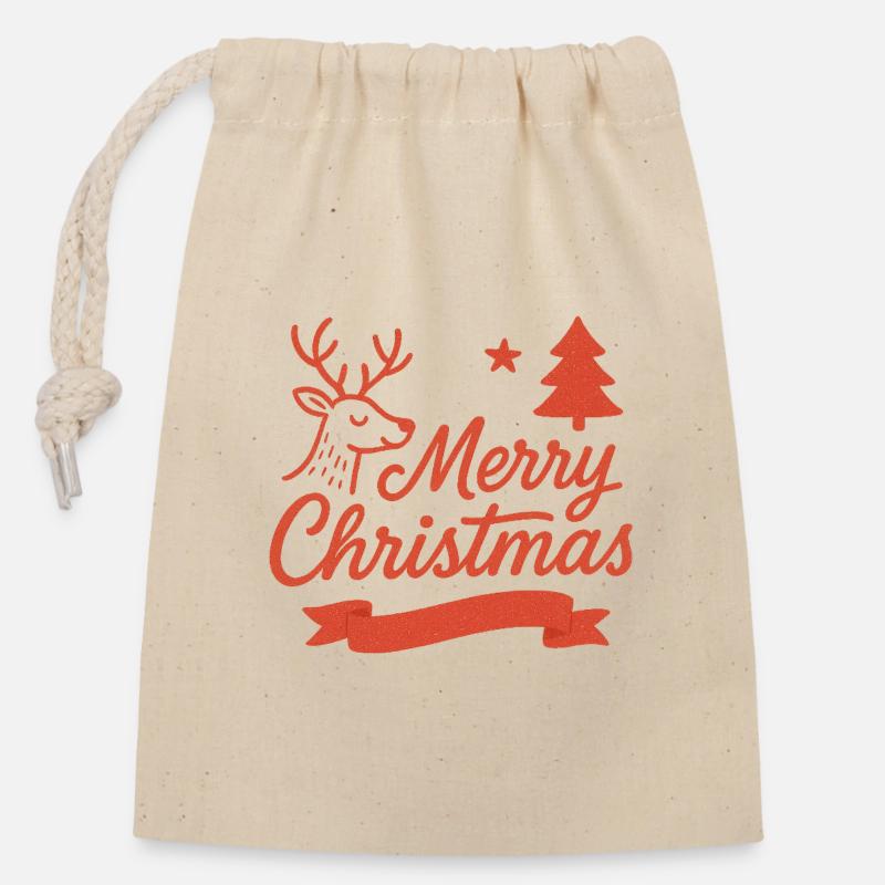 Merry Christmas Deer Motif - Closable cotton gift bag (14x20cm) - nature
