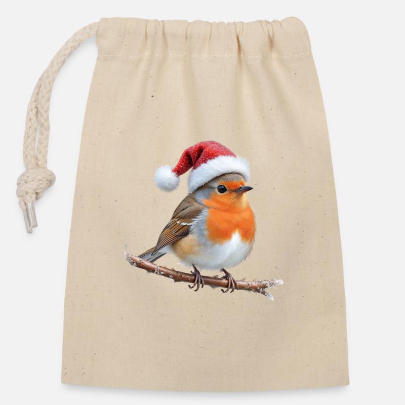 Robin Santa Hut auf Ast - Verschließbarer Geschenkbeutel aus Baumwolle (14x20cm) - Natur