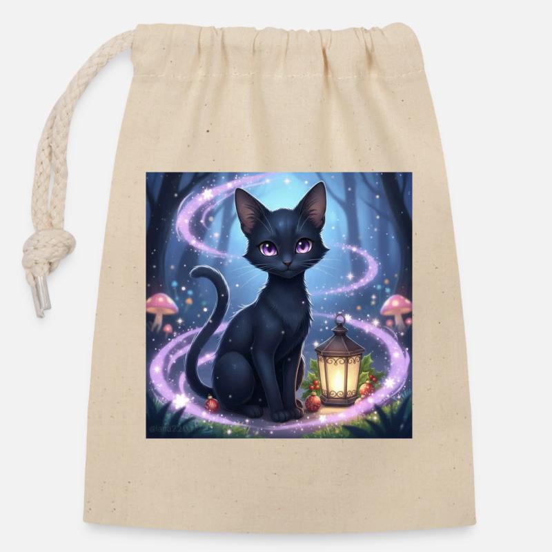 Chat noir magique avec lanterne - Sac cadeau en coton avec cordon (14 x 20 cm) - nature