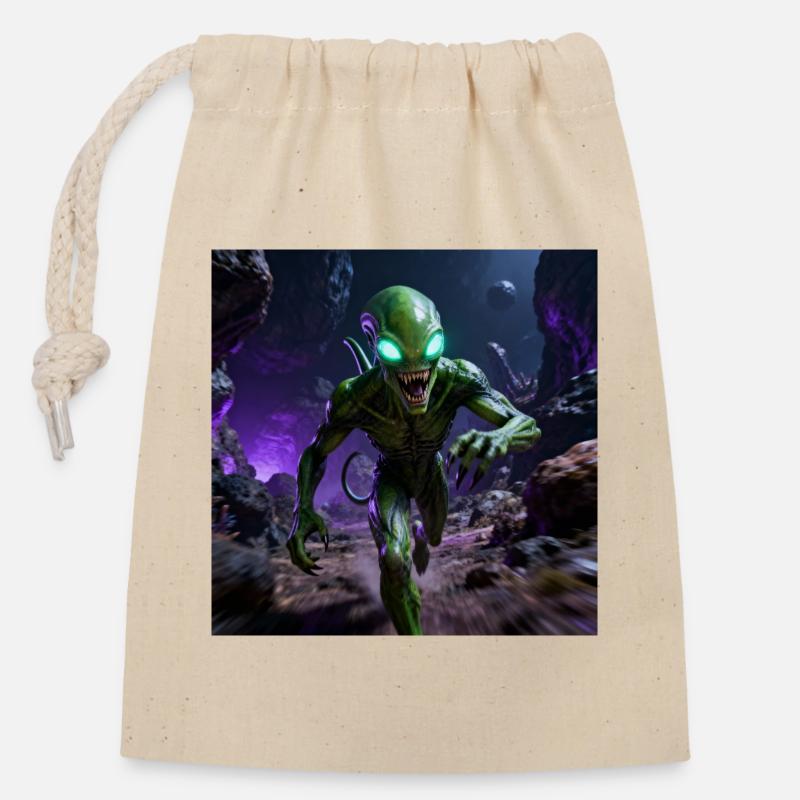 Extraterrestre vert aux yeux brillants - Sac cadeau en coton avec cordon (14 x 20 cm) - nature