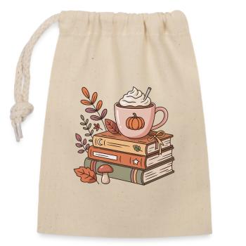 Herbstkaffee auf Bücherstapel - Verschließbarer Geschenkbeutel aus Baumwolle (14x20cm) - Natur - Vorne