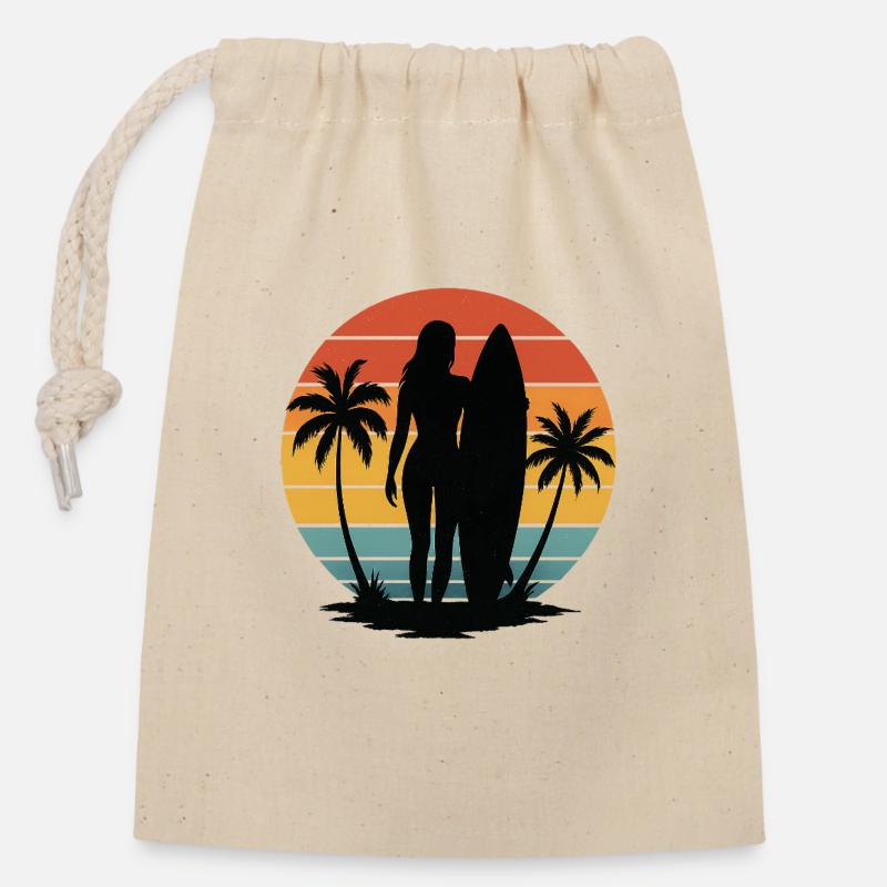 Retro Sunset Female Surfer - Closable cotton gift bag (14x20cm) - nature