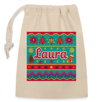 Festlicher Name Laura Hässlicher Weihnachtsstil, Weihnachten - Verschließbarer Geschenkbeutel aus Baumwolle (14x20cm) - Natur - Vorne