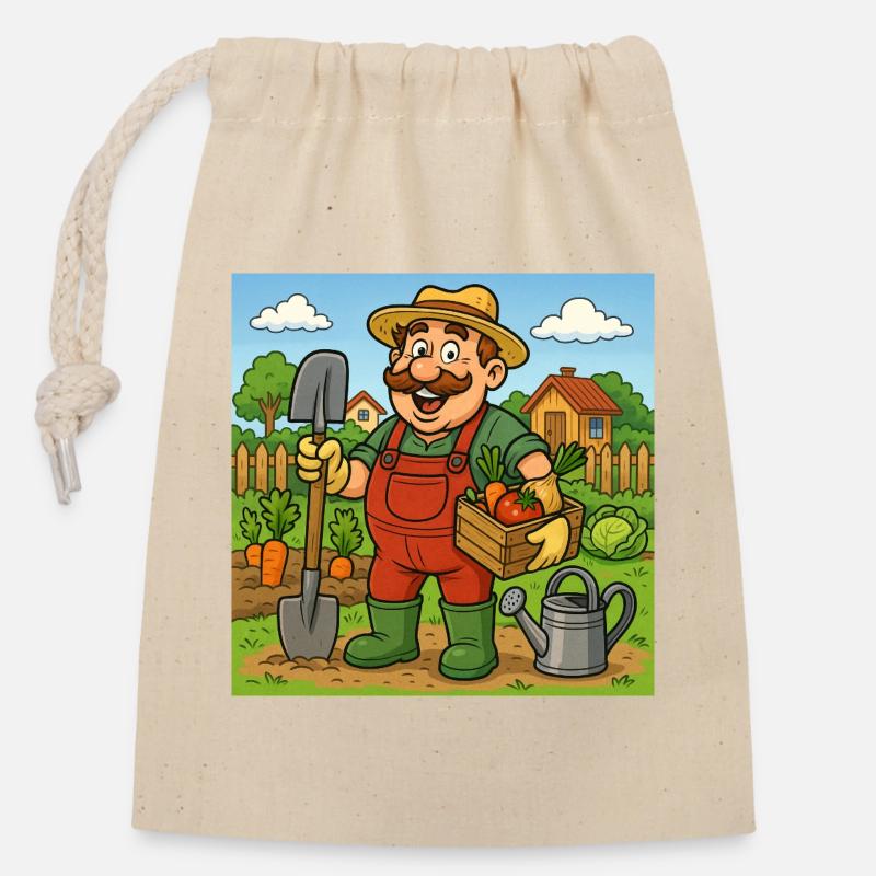 Bauer mit Erntekorb - Verschließbarer Geschenkbeutel aus Baumwolle (14x20cm) - Natur