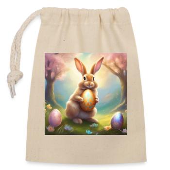 Lapin de printemps avec œuf de Pâques doré - Sac cadeau en coton avec cordon (14 x 20 cm) - nature - Devant