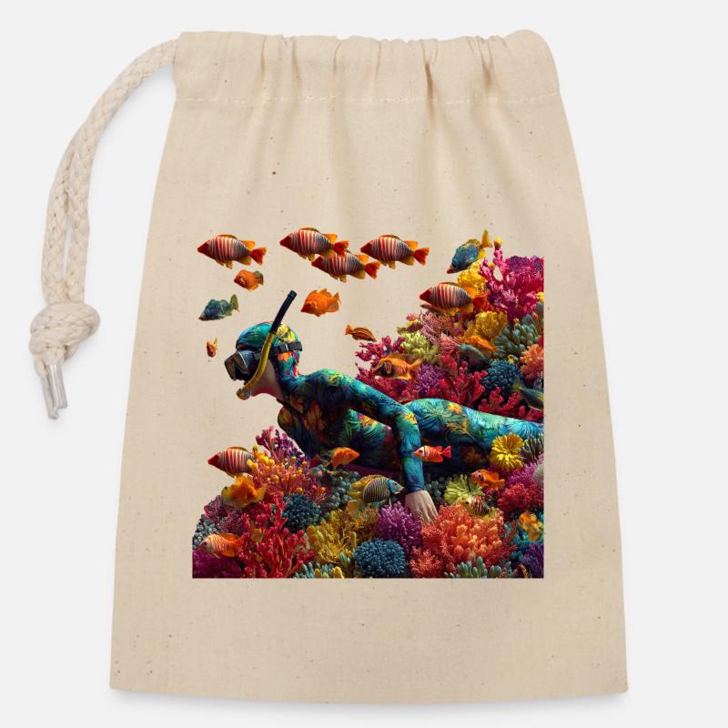 Coral reef diver with colorful fish - Closable cotton gift bag (14x20cm) - nature
