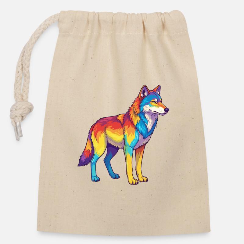 Bunte Wolf-Regenbogen-Pop-Art-Aquarell - Verschließbarer Geschenkbeutel aus Baumwolle (14x20cm) - Natur