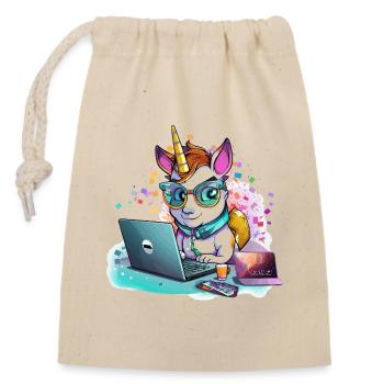 Laptop Unicorn with Glasses and Glitter - Closable cotton gift bag (14x20cm) - nature - Front