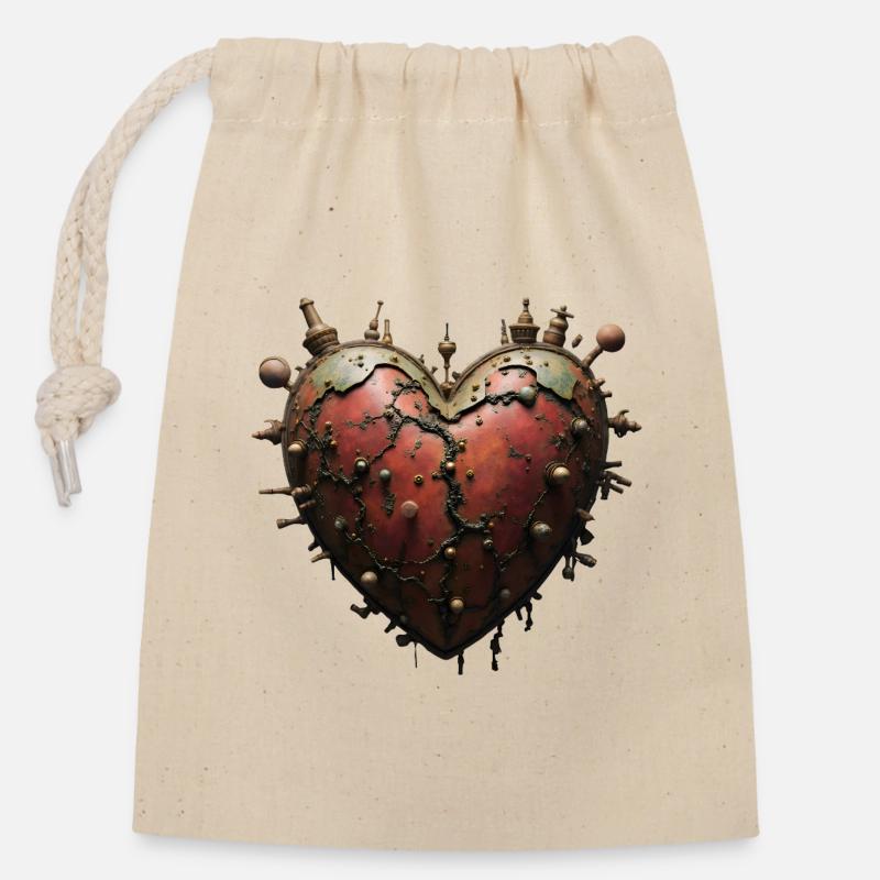 Cœur Steampunk - Sac cadeau en coton avec cordon (14 x 20 cm) - nature