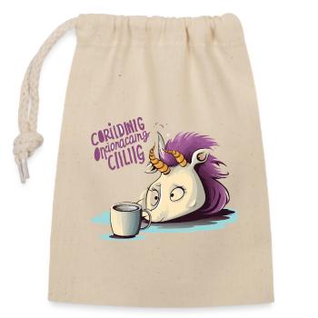 Weeping unicorn with coffee motif - Closable cotton gift bag (14x20cm) - nature - Front