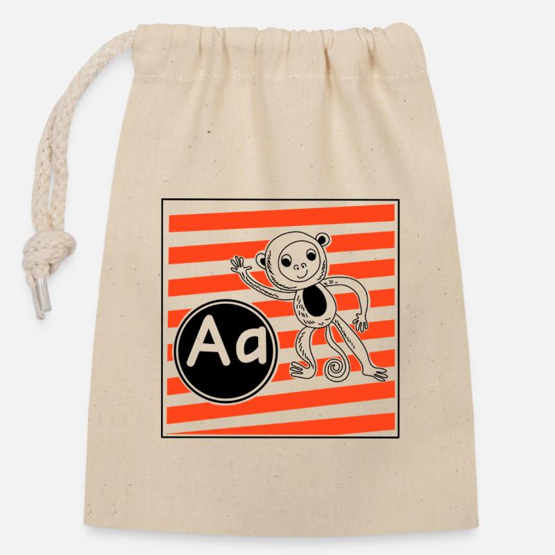 A pour Monkey Learning Letters à l’école primaire - Sac cadeau en coton avec cordon (14 x 20 cm) - nature