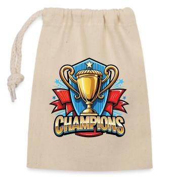 Champions Pokal Motiv mit Banner - Verschließbarer Geschenkbeutel aus Baumwolle (14x20cm) - Natur - Vorne