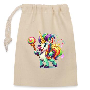 Buntes Einhorn mit Lolly - Verschließbarer Geschenkbeutel aus Baumwolle (14x20cm) - Natur - Vorne
