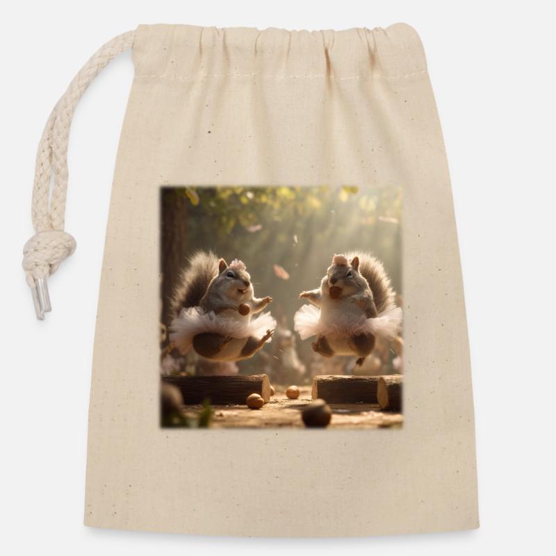 Des écureuils dansants en tutu avec des glands - Sac cadeau en coton avec cordon (14 x 20 cm) - nature