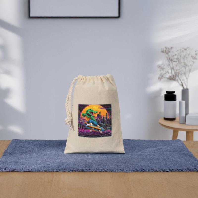 Skating Pixel Crocodile in Retro 80s Synthwave Closable cotton gift bag (14x20cm)