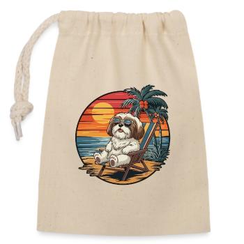 Funny Shih Tzu Dog on Beach Summer Vacation Sunset - Closable cotton gift bag (14x20cm) - nature - Front
