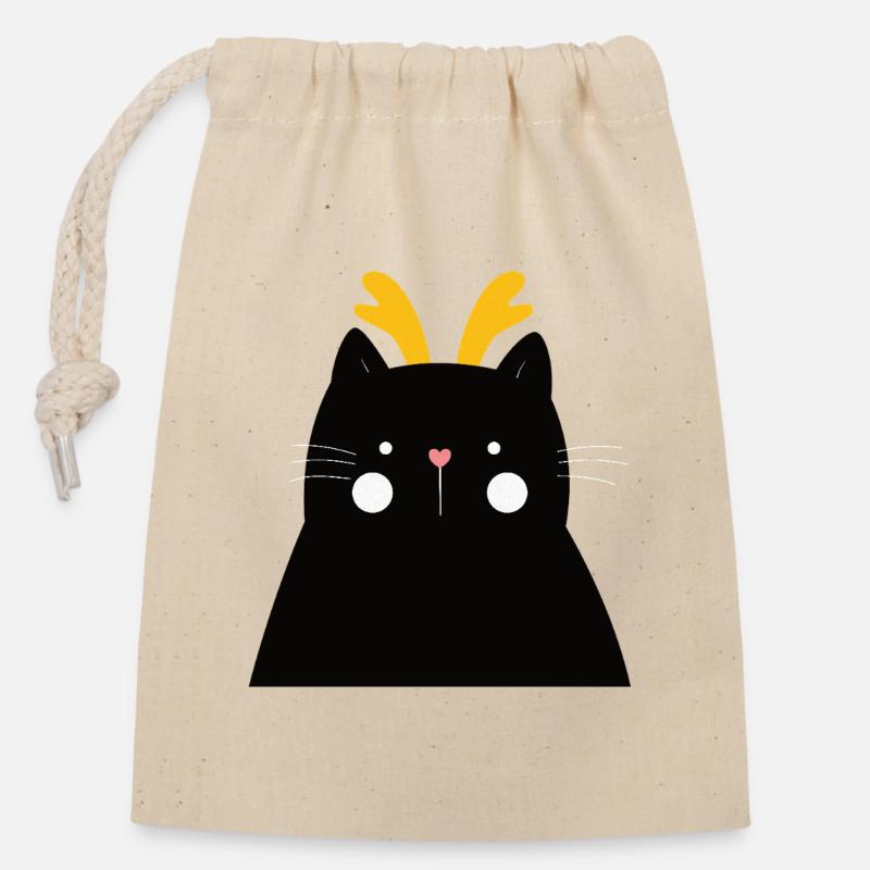 Chat noir aux bois dorés - Sac cadeau en coton avec cordon (14 x 20 cm) - nature