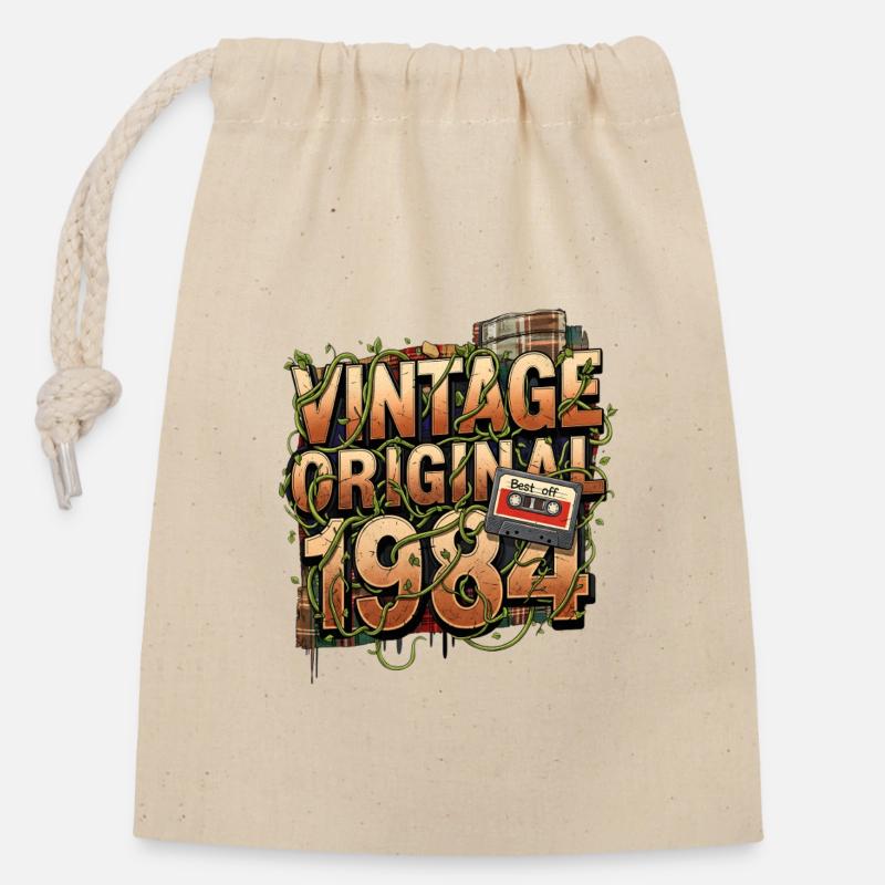 Vintage Original 1984 - Sac cadeau en coton avec cordon (14 x 20 cm) - nature