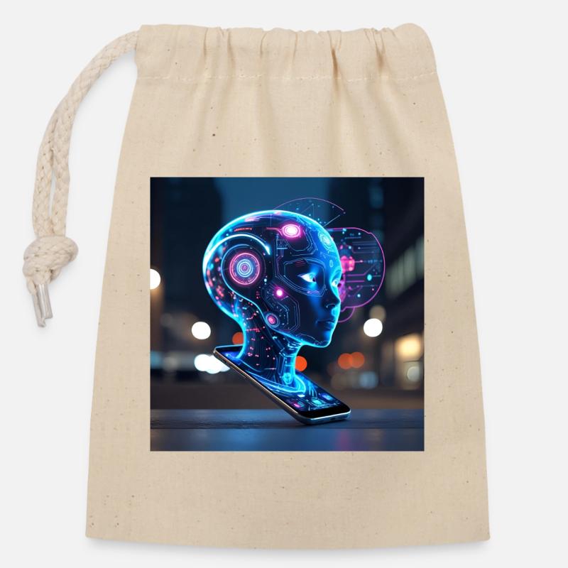 Neon-Holografisches KI-Porträt - Verschließbarer Geschenkbeutel aus Baumwolle (14x20cm) - Natur