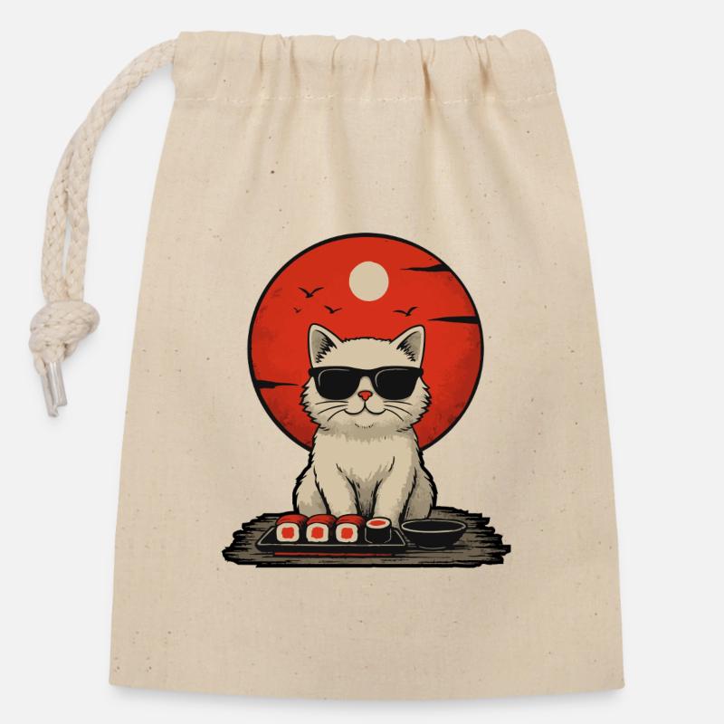 Sunset Cat avec sushi - Sac cadeau en coton avec cordon (14 x 20 cm) - nature