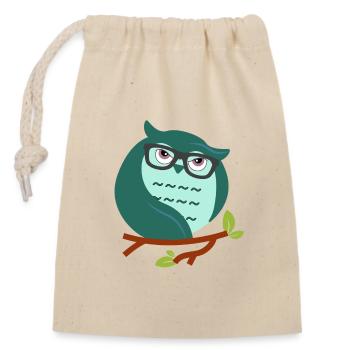 Cartoon-Eule mit schicke Brille - Verschließbarer Geschenkbeutel aus Baumwolle (14x20cm) - Natur - Vorne