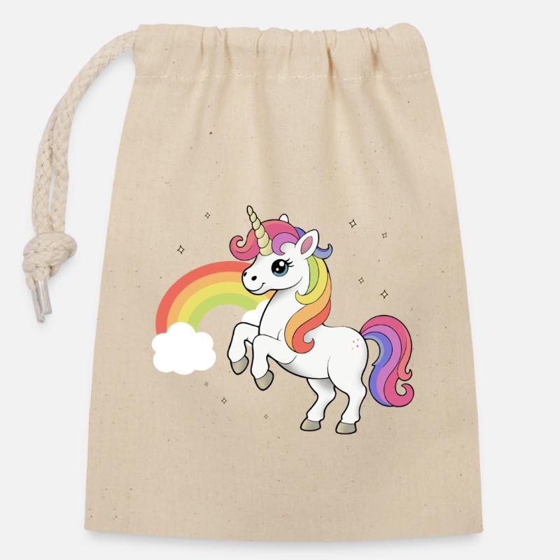 Einhorn und Regenbogen - Magical Unicorn Design - Verschließbarer Geschenkbeutel aus Baumwolle (14x20cm) - Natur