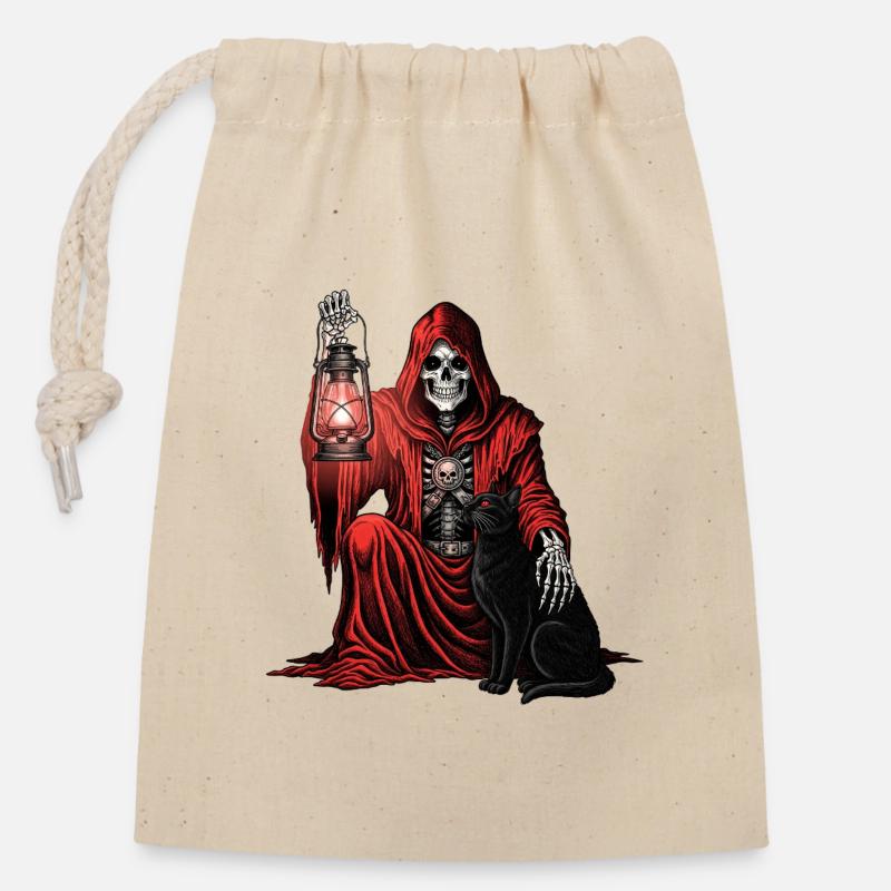 Capuche Rouge Faucheuse Lanterne Chat Lanterne - Sac cadeau en coton avec cordon (14 x 20 cm) - nature