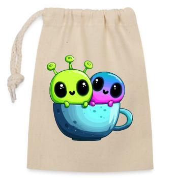 Kleines Alien-Paar in der Teetasse - Verschließbarer Geschenkbeutel aus Baumwolle (14x20cm) - Natur - Vorne