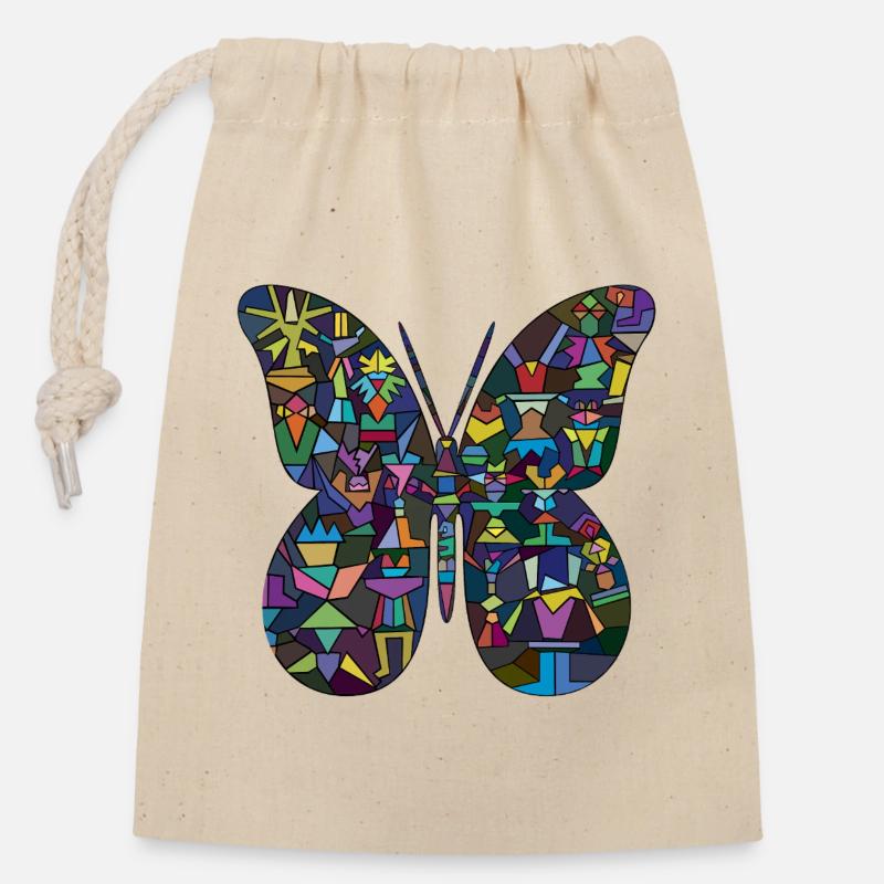 Papillon en mosaïque colorée - Sac cadeau en coton avec cordon (14 x 20 cm) - nature