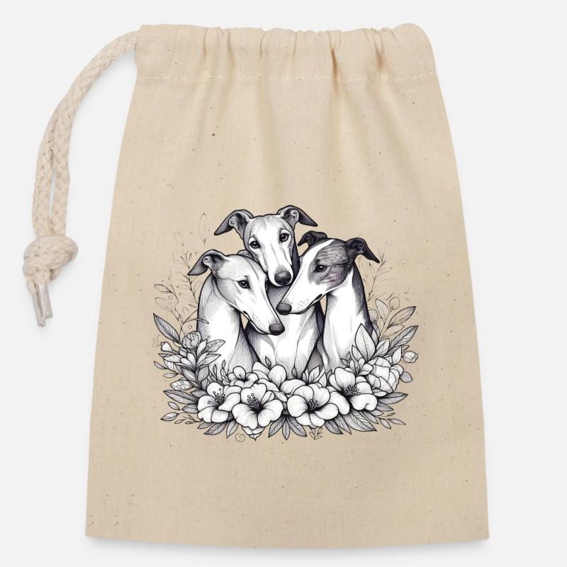 Three greyhounds in a circle of flowers - Closable cotton gift bag (14x20cm) - nature