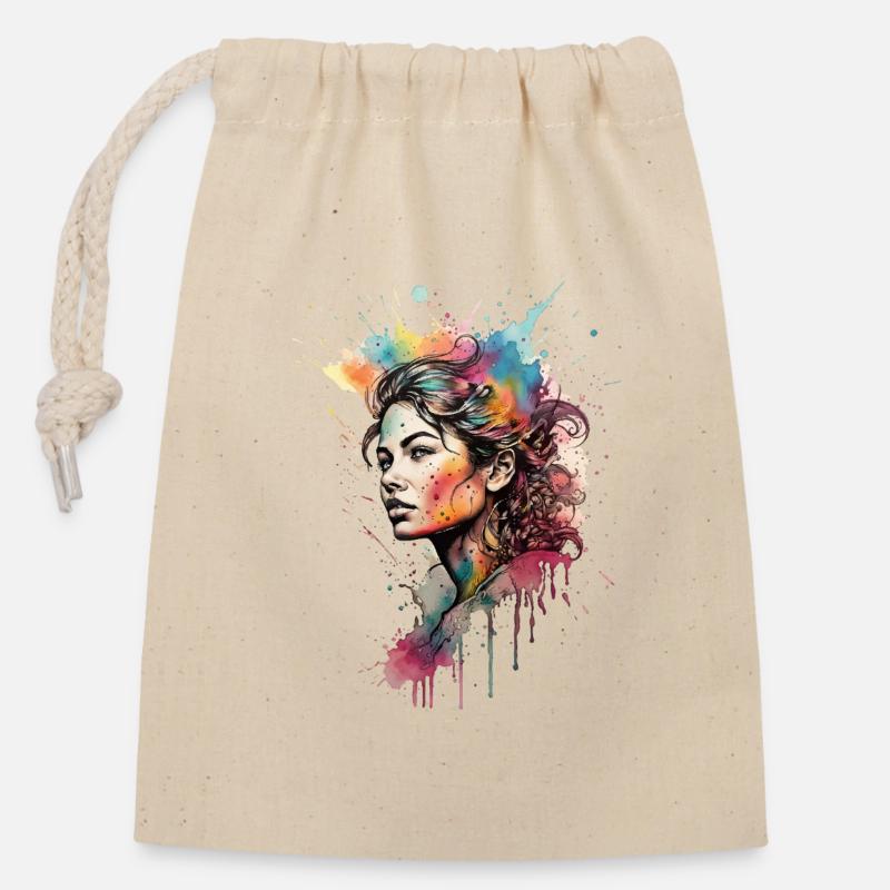 Fille à l’aquarelle : Portrait arc-en-ciel éclaboussé - Sac cadeau en coton avec cordon (14 x 20 cm) - nature