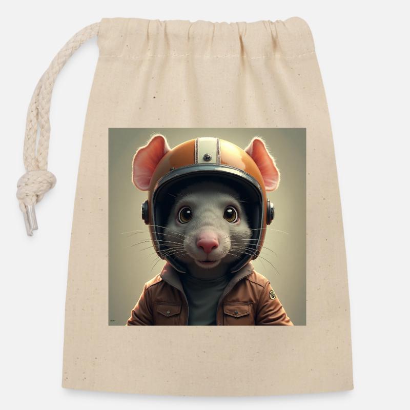 le petit rat motard - Sac cadeau en coton avec cordon (14 x 20 cm) - nature