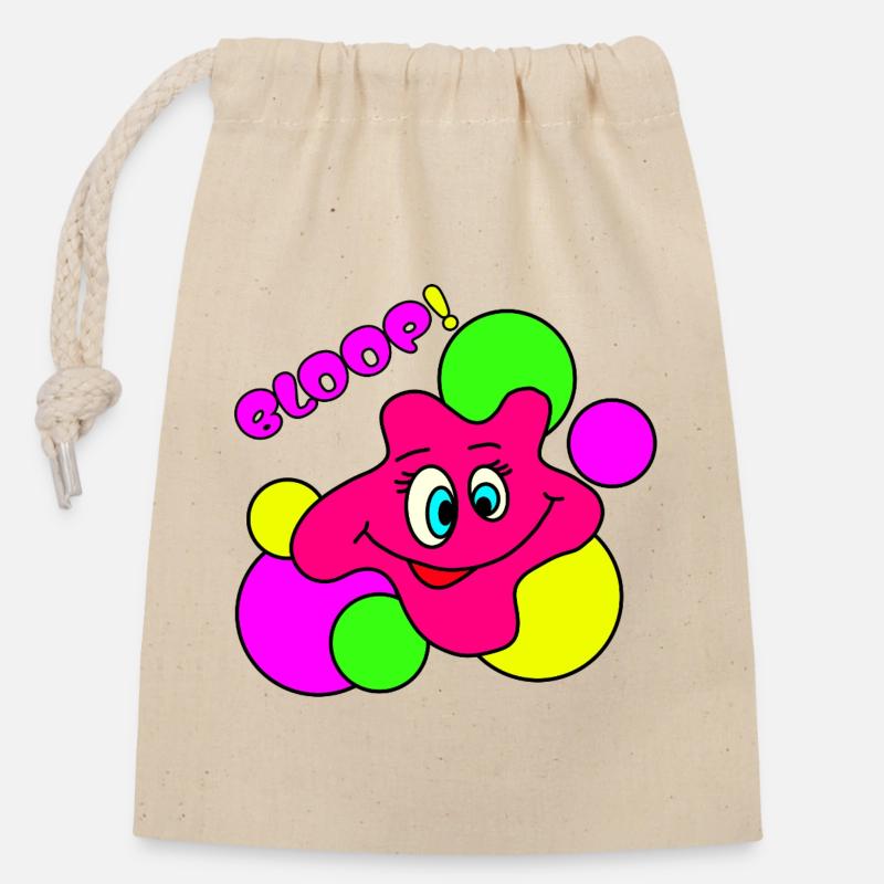 BLOOP! Lustiger Neon Pop-Art Klecks-Charakter - Verschließbarer Geschenkbeutel aus Baumwolle (14x20cm) - Natur
