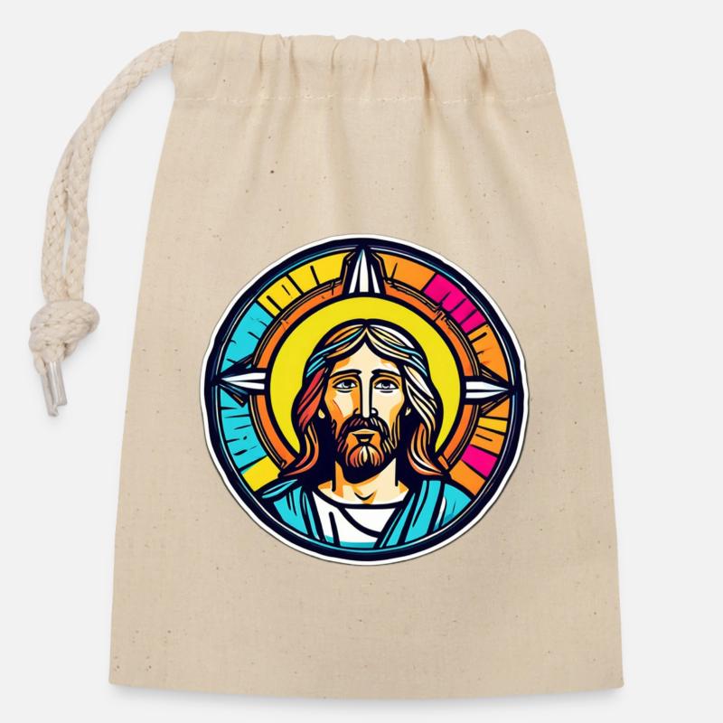 Jesus Vitrail Coloré - Sac cadeau en coton avec cordon (14 x 20 cm) - nature