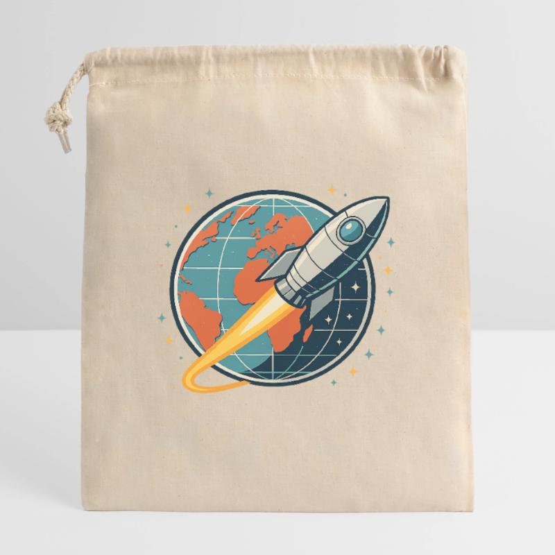 Rocket launch over globe Closable cotton gift bag (14x20cm)